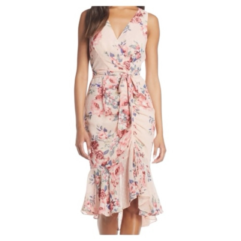 Eliza J Ruched Chiffon High Low Faux Wrap Dress Sleeveless Floral Size 18